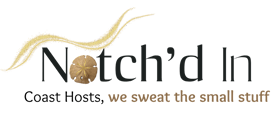 Notch'd In Coast Hosts, logo, tagline we sweat the small stuff, featuring a sand dollar and coastal design, representing luxury short-term rental management and boutique co-hosting services for busy vacation home owners in Hampton Roads, Virginia.